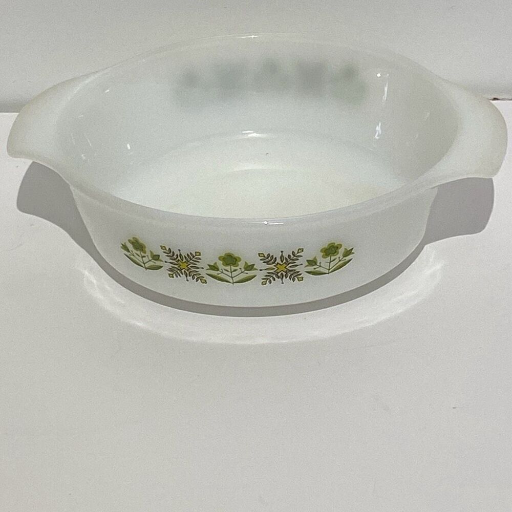Anchor Hocking White Green Meadow Fire King Round Baking Dish 1 QT.